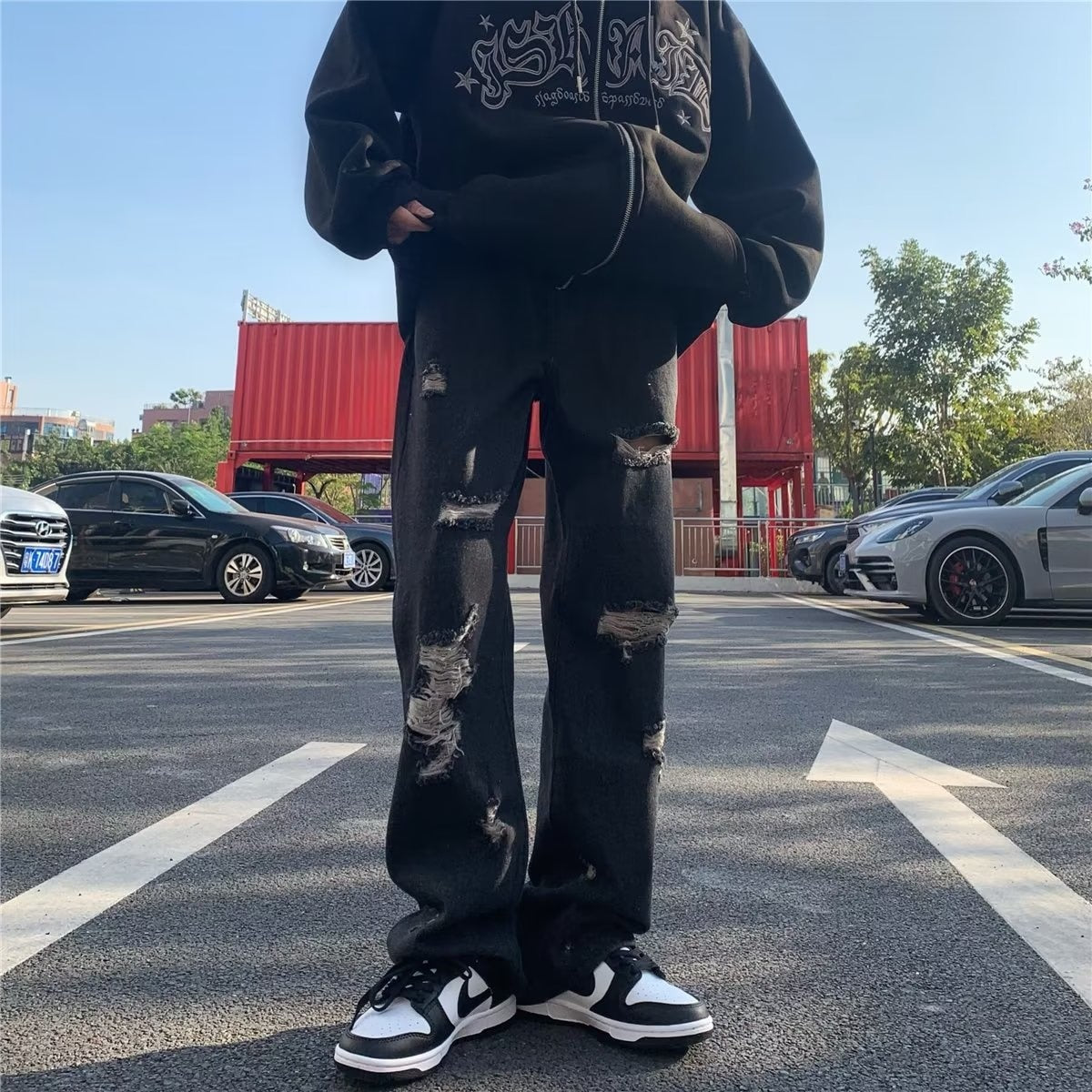 Vibe American Embroidery Letter Hiphop Broken Straight Leg Jeans Men's Fashion ins Loose Pants streetwear pantalon wear  2023