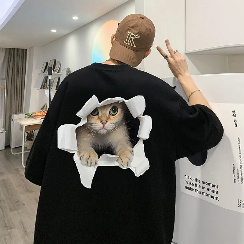 T-shirts Men Clothing Fashion Cat American High Street Loose Summer Breathable Y2k Top Harajuku Couples Teens Youthful Youthful