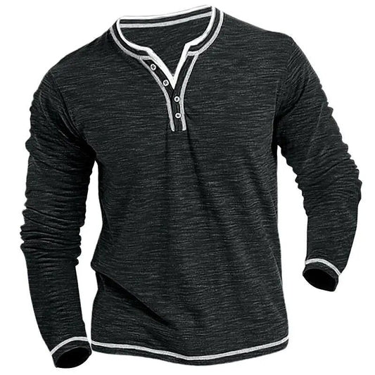 Classic Patchwork T Shirts Men Long Sleeve Buttoned V Neck Pullover Tops Autumn Vintage Solid Color Loose T-shirt Mens Clothing