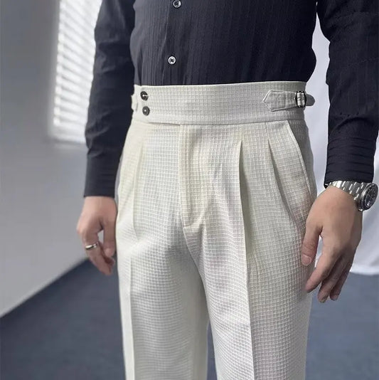 Italian Paris Buckle Naples Suit Pants For Men Smart Casual High Waist Straight Trousers Autumn Fashion Pleated Waffle Pants