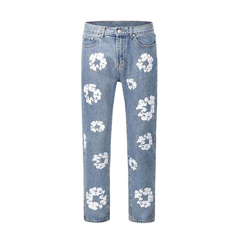 Hand Painted Floral Jeans Mens Straight Oversized Retro Casual Denim Pants Loose Washed Ripped Jean Trousers