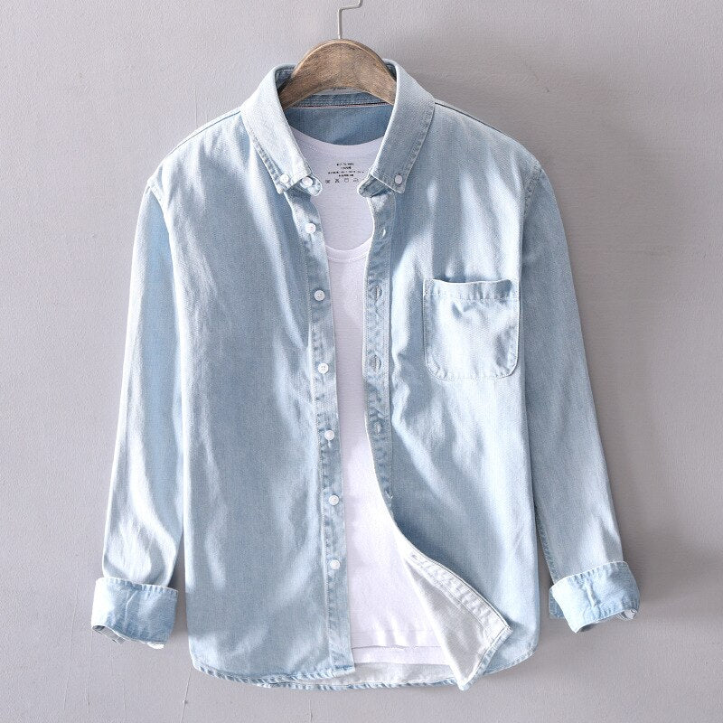 Japanese Korean Trend Long-sleeved Retro Denim Shirt Men's Fashion Casual All-match Jean Shirt Jacket Male High-end Brand Tops