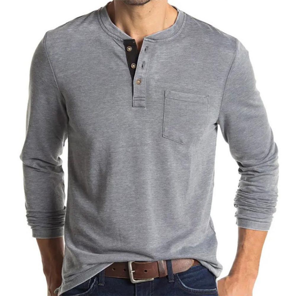 Men's Henley Collar Long Sleeved T-shirts Solid Casual Top Single Breasted Pocket TShirt Soft Comfy Bottoming Shirt for Autumn