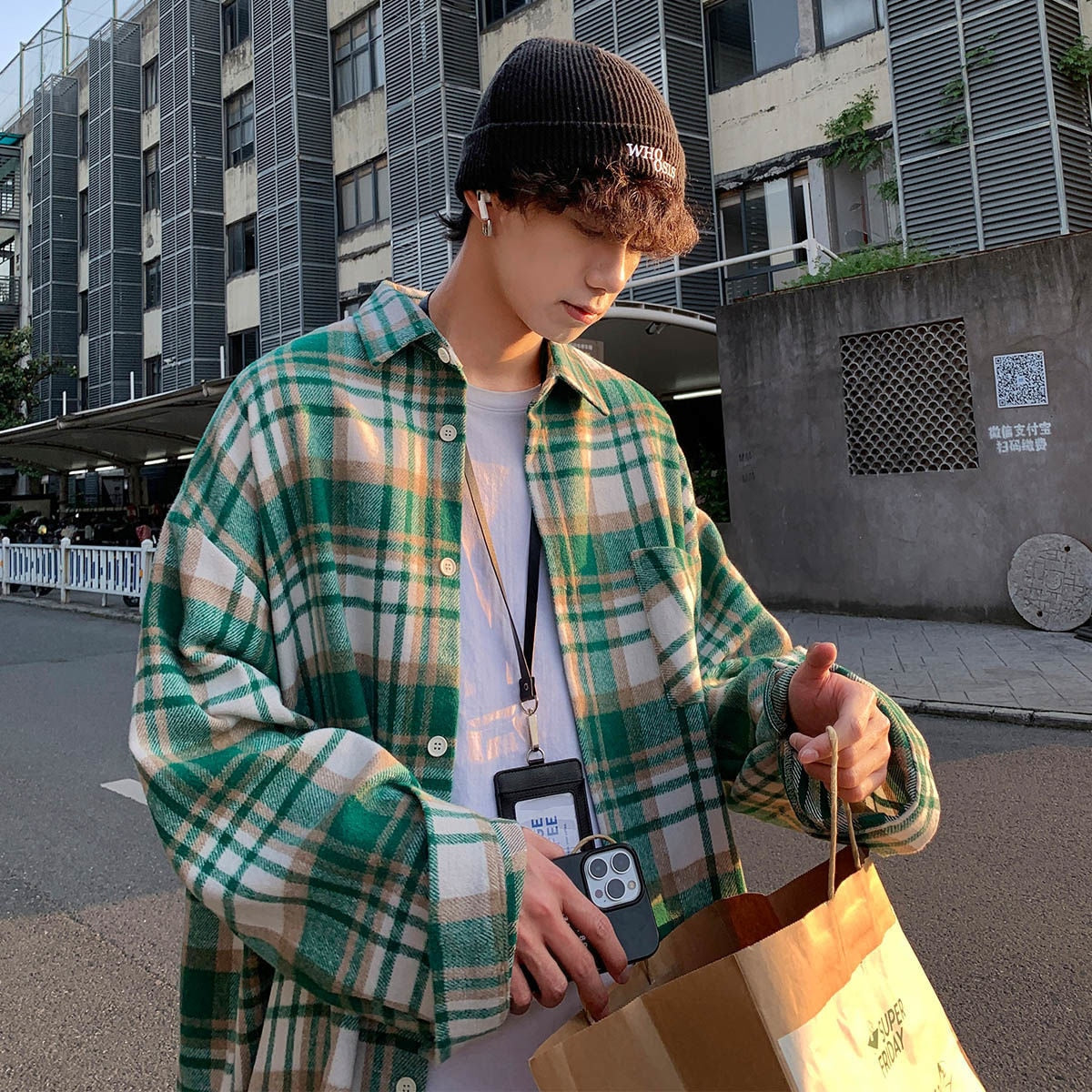 Green Woolen Plaid Shirt Coat Men's Loose Korean Thickened Long Sleeve Male Casual Blouses Unisex Fashion Clothing