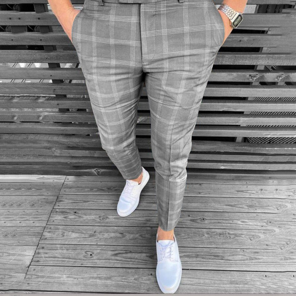 Men's Fashion Pencil Trousers Fashion Men Casual Business Slim Fit Plaid Print Zipper Long Pants Trousers Everyday Casual Pants