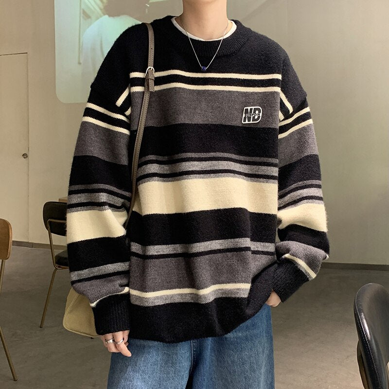 Literature and Art Men's Loose Stripe Round Neck Knitwear Men's Autumn Oversize Lazy Sweater men coat winter clothes sweter