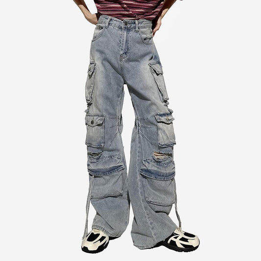 Spring Summer Men's Fashionable High Street Techwear Jeans Tide Worn Out Baggy Streetwear Ribbon Safari Style Pants 12A9804