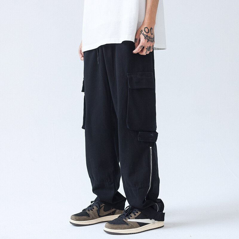 Black/Beige Cargo Pants Men Fashion Pocket Casual Pants Mens Japanese Streetwear Loose Hip Hop Straight Pants Mens Trousers