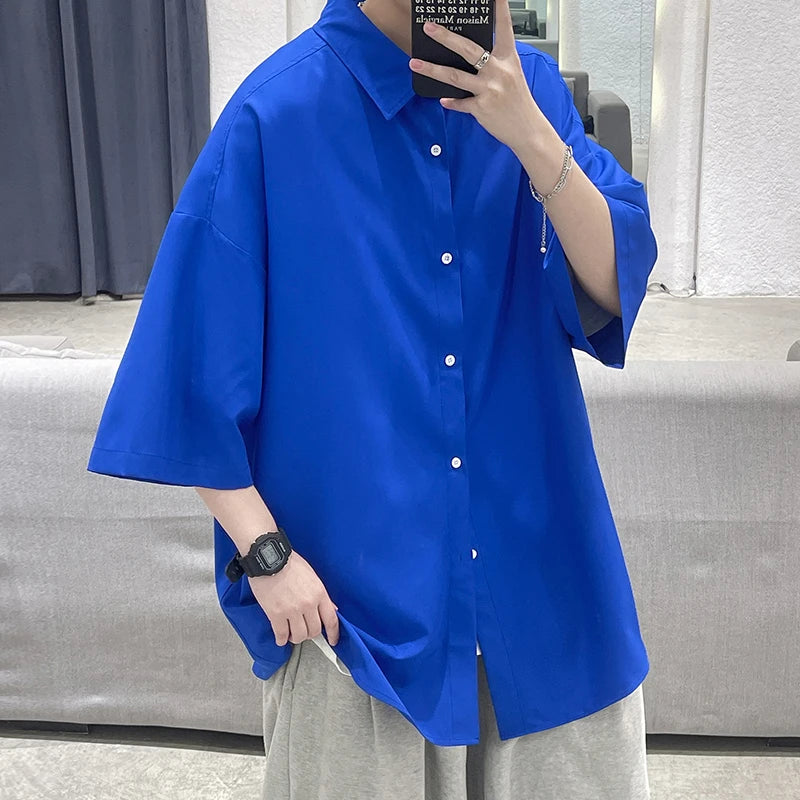 Summer Ice Silk Solid Shirts For Men Clothing Korean Style Mens Streetwear Shirt Classic Basic Short Sleeve Blouse