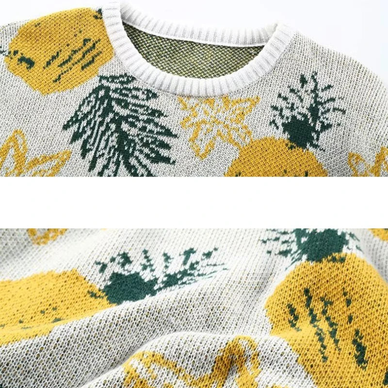 Pineapple-pattern Sweaters Men Baggy Autumn Japanese Style Casual Popular Jacquard Knitwear High Street Slouchy Harajuku Daily