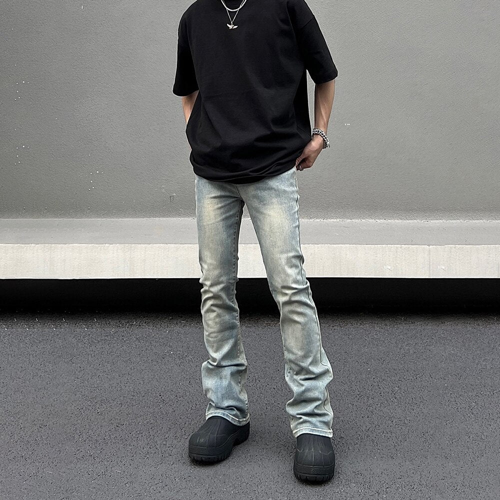 Skinny Jeans Men Streetwear Solid Color Simple Vintage Slim Autumn Vaqueros Flared Trousers Street Summer Y2k Fit Denim Pants