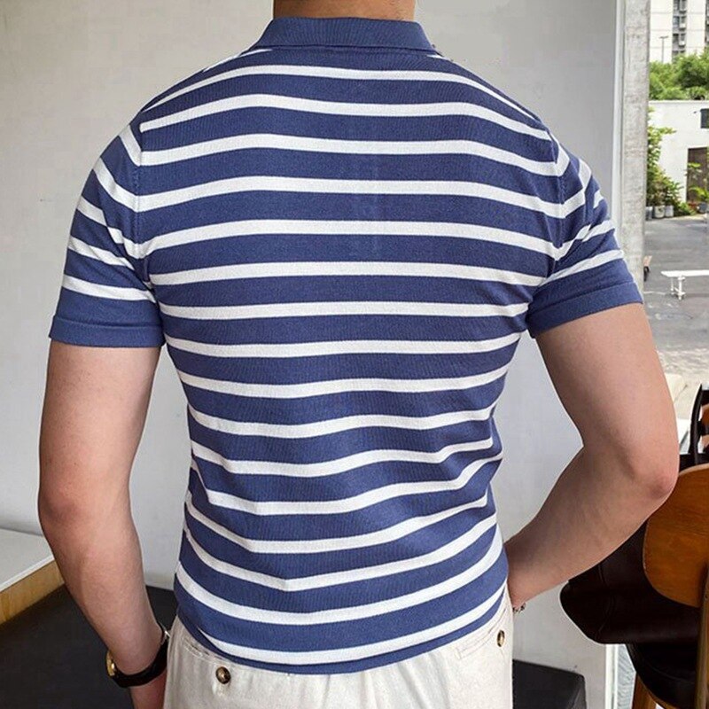 Men Knitted Short  Sleeve Polo Shirt Striped Casual Slim Fit Lapel Button Cardigan Breathable Top Tee  T-shirt Contrast Color