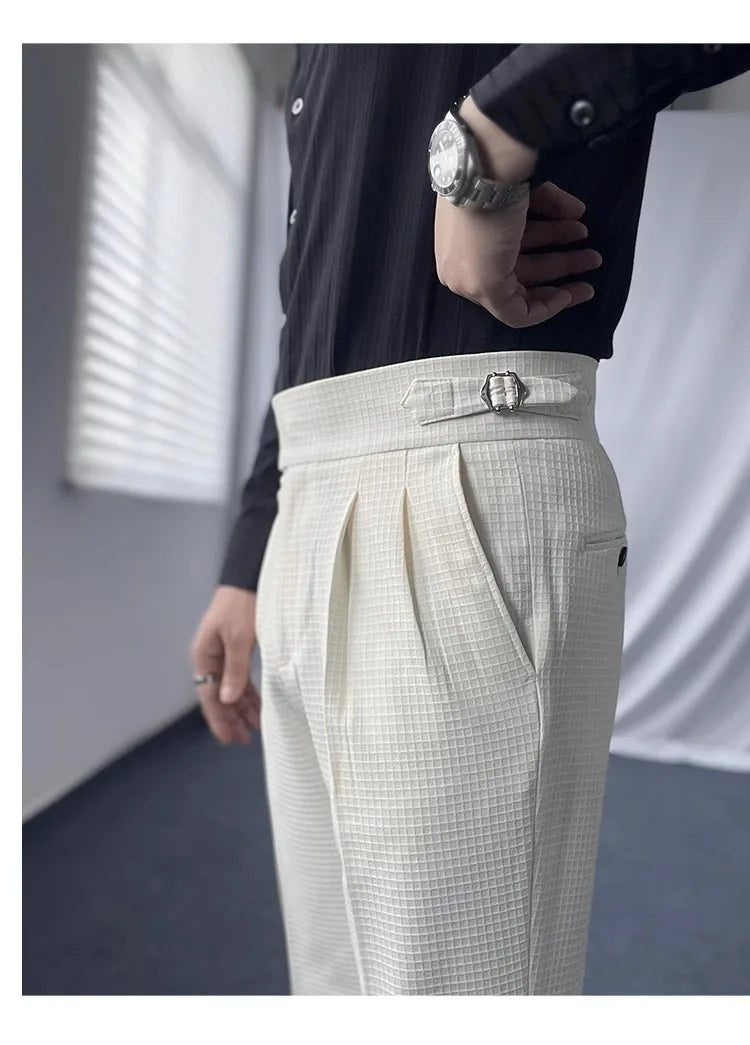 Italian Paris Buckle Naples Suit Pants For Men Smart Casual High Waist Straight Trousers Autumn Fashion Pleated Waffle Pants