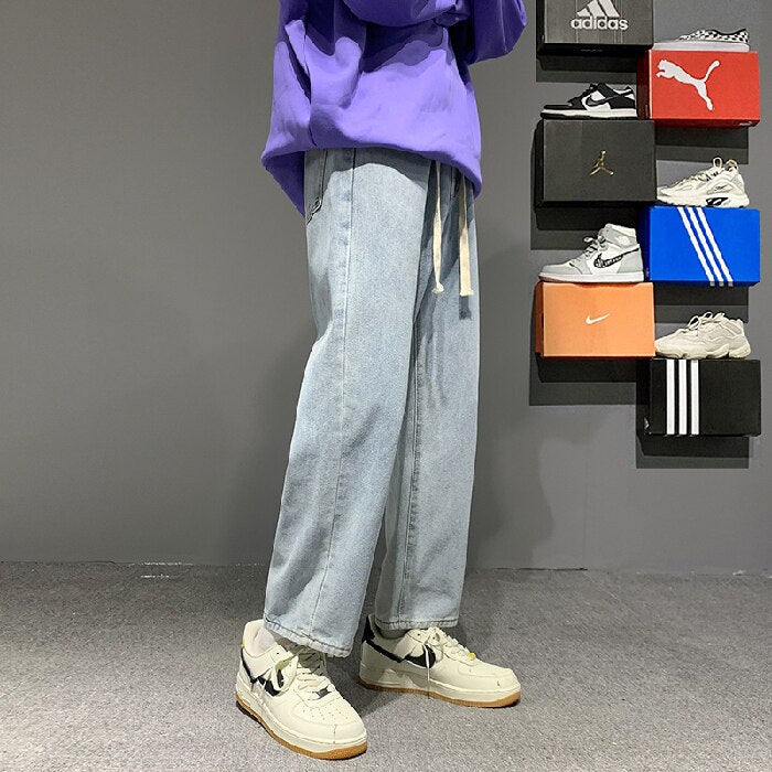 Autumn New Men's Baggy Grey Jeans Streetwear Loose Straight Elastic Waist Design Ankle-Length Pants Korean Skate Pants