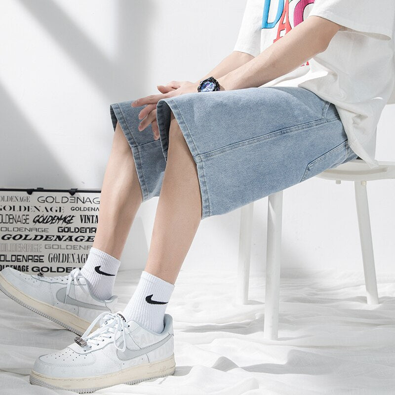 Summer Thin Men's Denim Shorts Baggy Straight Fashion Elastic Waist Light Blue Short Jeans Korean Streetwear Knee Shorts Male