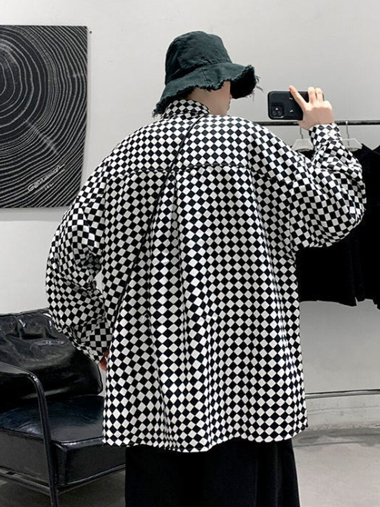 Japanese Plaid Long Sleeve Blouse Men Women Fashion Loose Oversized Button Up Shirts Mens Vintage Clothing