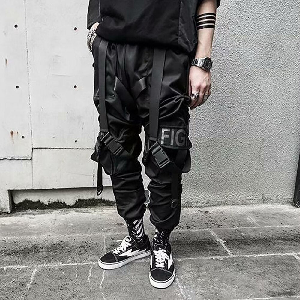 Men Cargo Pants Men’s Casual Hip Hop Harem Pant Hit Color Pocket Male Trousers Sweatpants Streetwear Ribbons Techwear Joggers