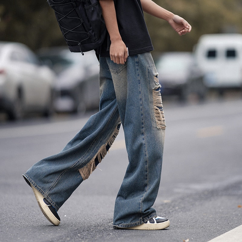 American style torn jeans, men's summer washed and worn-out, loose fitting wide leg straight tube mop, trendy high street pants