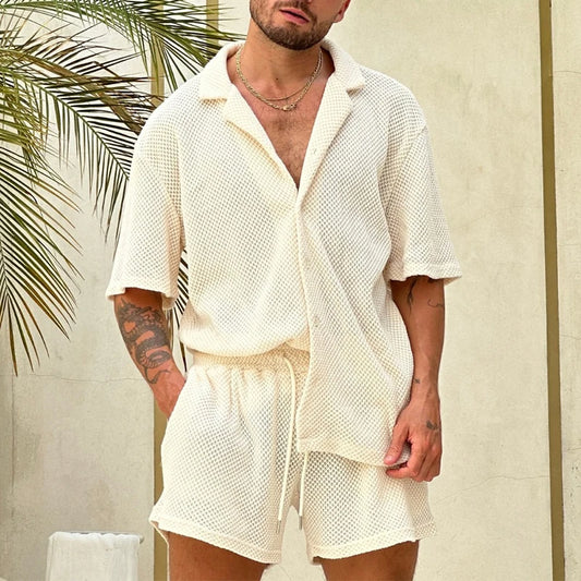 Vintage Pure Color Knit Two Piece Suits Summer Mens Casual Short Sleeve Lapel Shirt And Shorts Sets Men Fashion Knitted Outfits