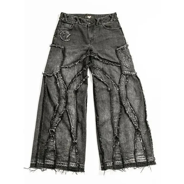 FORUWISH  -  Y2k Fashion New American Tassel Black And Gray Washed Jeans Men Street Gothic Punk Style Teenagers Retro Loose Wide-leg Pants