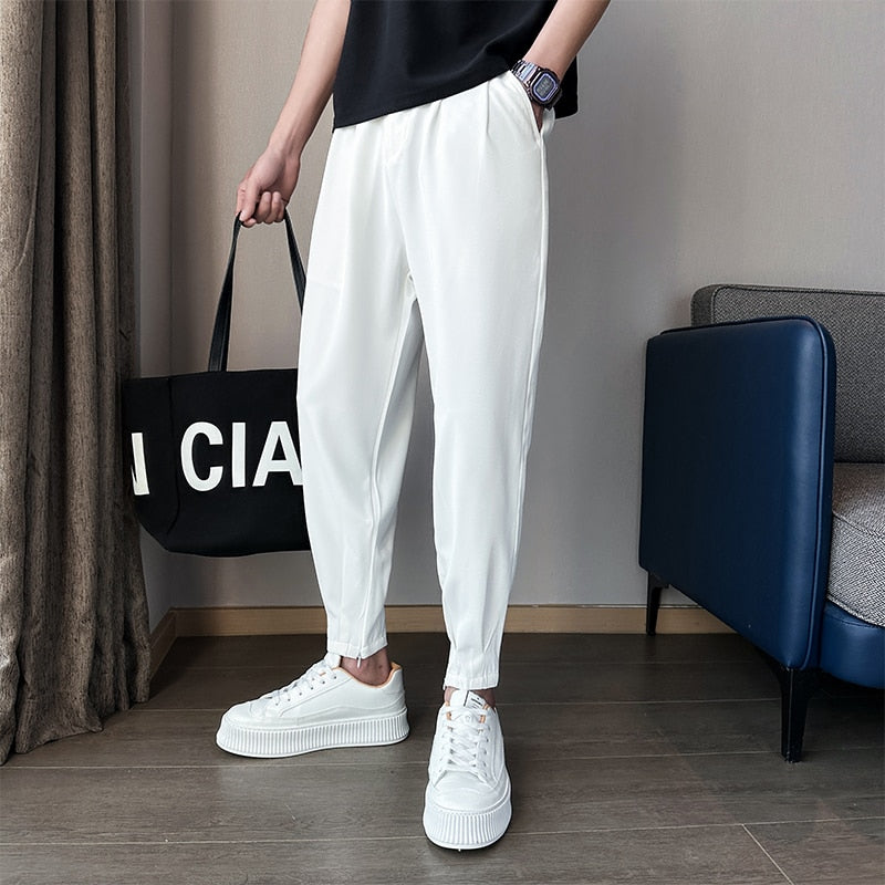 Summer Ice Silk Ultra-thin Men's Casual Suit Pants 2023 Fashion Zipper Beam Feet Street Harem  Ankle Length Trousers Black White