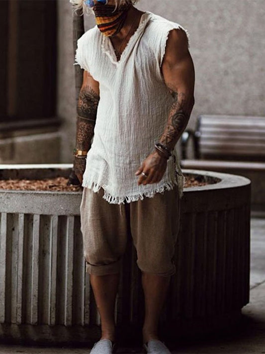 Vintage Solid Color Cotton Tops Men Casual Sleeveless V-Neck Loose Tank Tops Summer Mens Clothing Fashion Vest Streetwear