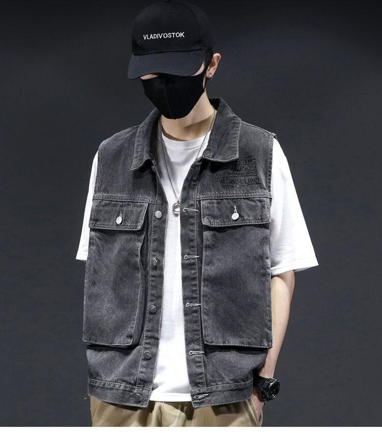 Spring Autumn All Season AllMatche Fashion Men's Solid PocketCool Boy Casual Loose Safari Style Tess Button Vest Denim jacket