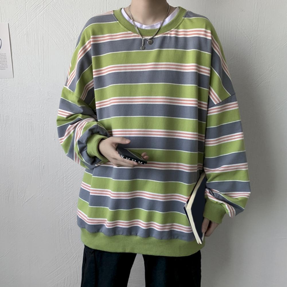 Vintage Men Sweatshirt Korean Style Autumn Striped Print Loose O-neck Tops Retro Streetwear Casual Sweatshirts for men camisetas