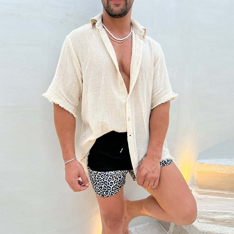Casual Men's Cotton Linen Shirts Solid Loose Half Sleeve Button-up Lapel Tops Spring Summer Beach Shirt Men Clothes Streetwear