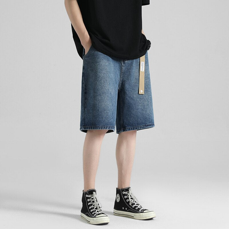 Summer Men's Simple Straight Short Jeans Fashion Casual Belt Decoration Light Blue Baggy Oversize Denim Shorts