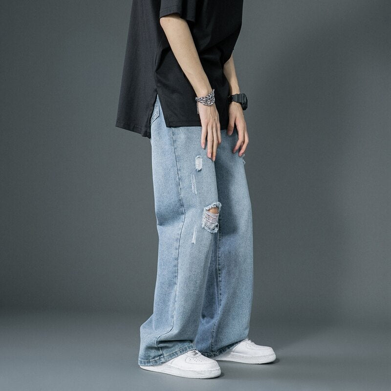 Spring Summer Men's Ripped Wide Leg Jeans Korean Trend Straight Baggy Denim Pants Male Vintage Blue Trousers