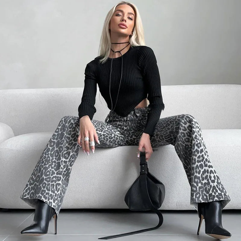 Elegant Grey Leopard Printed Jeans High Waist Straight Leg Vintage High Street Black Jeans Pants Women Formal Korean Retro