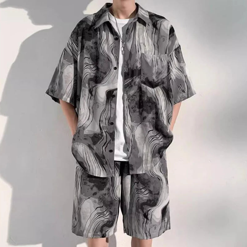 Casual Mens Outfits Short Sleeve Buttoned Lapel Shirt And Shorts Two Piece Sets Men Summer Vintage Pattern Printed Loose Suits