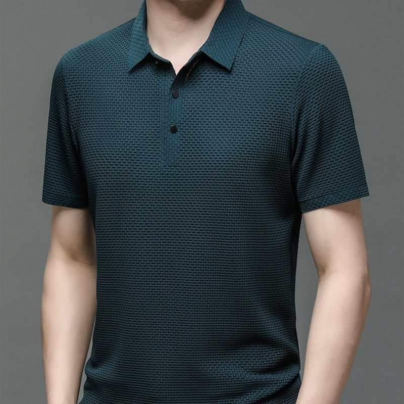 2023 Summer Ice Silk Polo Shirts Breathable Solid Stretch Green Casual Breath Short Sleeve Golf Wear Male Tee Tops High Quality