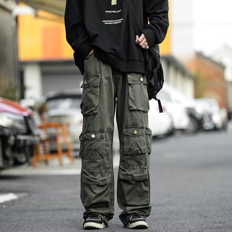 Street Popular White Multi-pocket Overalls Men's Harajuku Style Loose Casual Pants High Street Retro Women’s Slacks Trousers