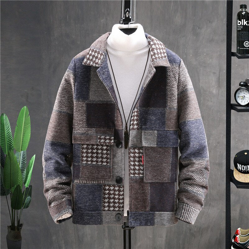 Men's Plaid Woolen Coat Men's Spring and Autumn Korean Version of The Lapel Woolen Coat Winter Thick Casual Jacket Men Clothing