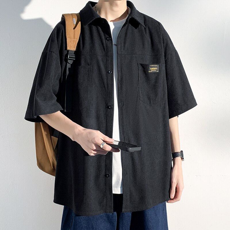 Spring Men's Corduroy short sleeve Shirts Fresh Harajuku Neutral Woman Fashion Casual Oversize Hip Hop College Shirt Coat 2023