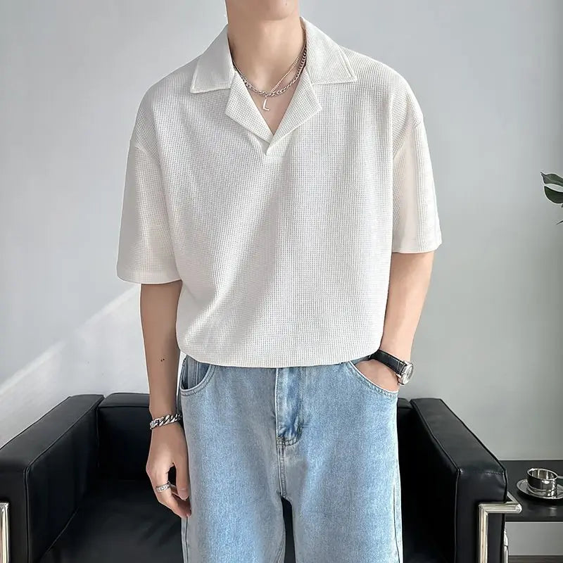 Men's Clothing Fashion Street Casual Office Lady Loose Solid Short Sleeve Temperament Summer Thin Turn-down Collar T-Shirt