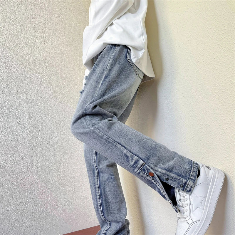 2024 Spring New Streetwear Men's Slim Fit Vintage Blue Skinny Jeans Korean Fashion Side-breasted Slit Hole Denim Pants Male