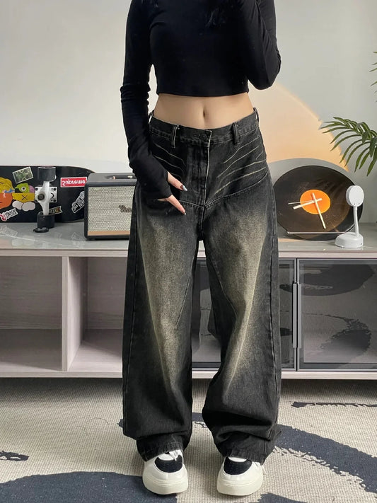 Spring and Autumn American Style Washed Black Jeans, Men's and Women's High Street Spicy Girls Straight Tube Wide Leg Long Pants