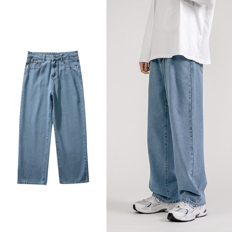 Korean Fashion Men's Baggy Jeans Classic All-match Solid Color Straight-leg Denim Wide-leg Pants Male Light Blue Grey Black