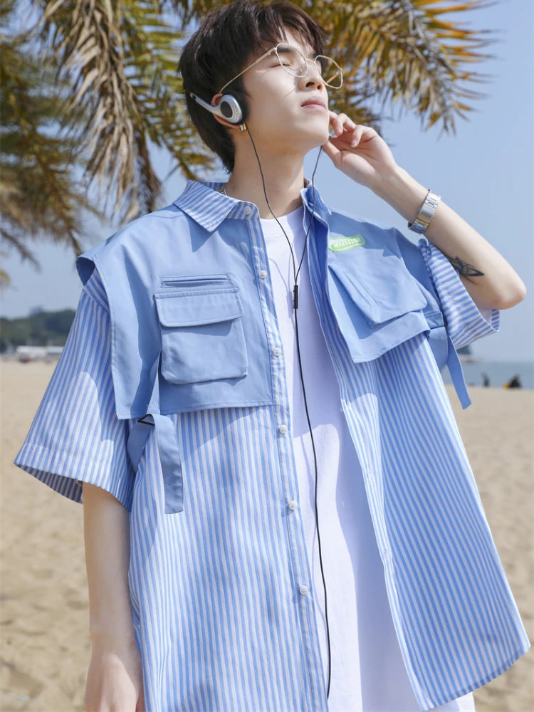 Shirts Men Summer Japanese Safari Style Loose Chic All-match Half Sleeve Pockets-design High Street Fashion Clothing Youthful
