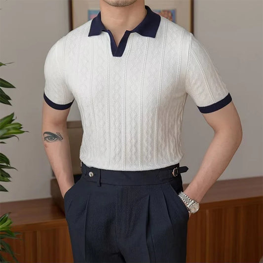 Summer Fashion Men Short Sleeve Slim Polo Shirt Vintage Patchwork Knitted Polos Men Clothing Male Casual V-Neck Lapel Pullover