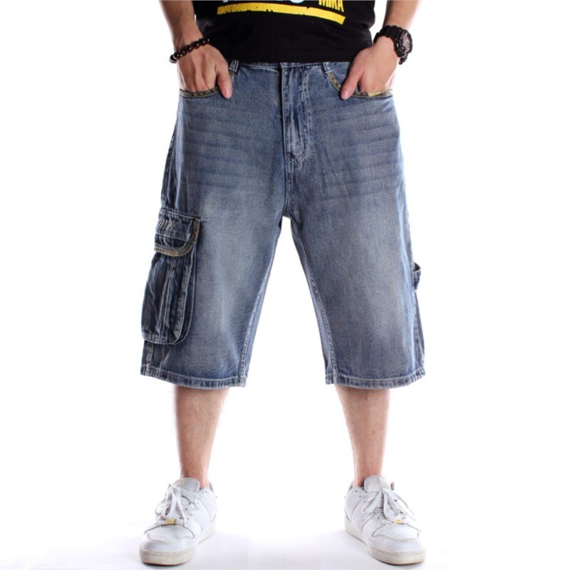 Summer Men's Loose Multi Pockets Cargo Denim Shorts Hip Hop Wide Leg Jeans Street Skateboarding Capris Shorts Plus Size 44 46