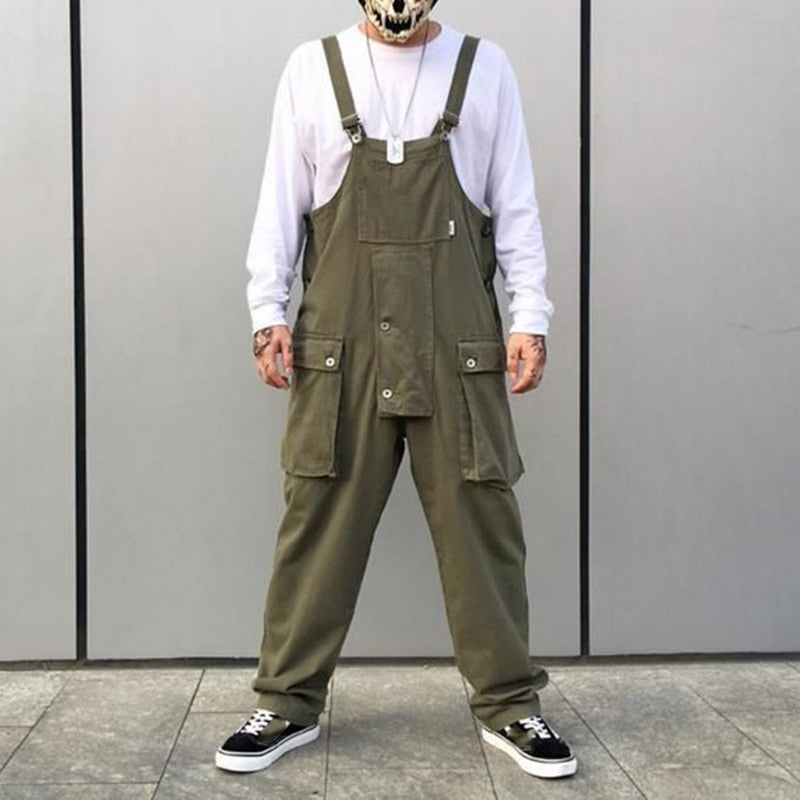 Men Denim Overalls Loose Baggy Street Hip Hop Japanese Style Multi-Pocket Streetwear Work Trousers Cargo Jumpsuit