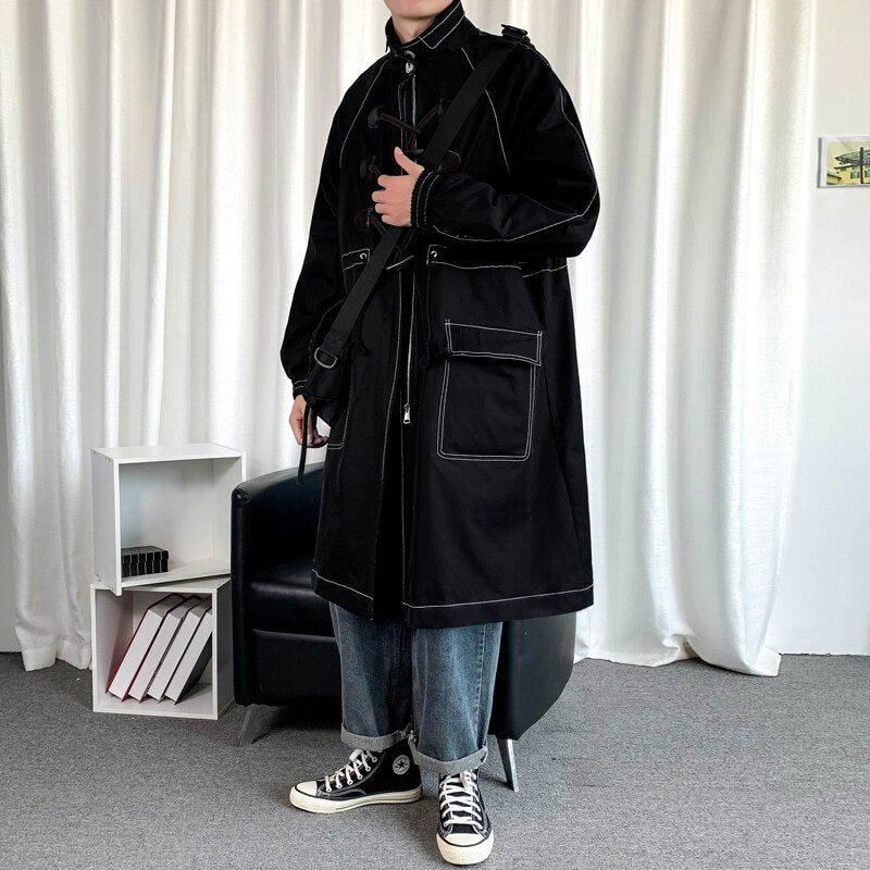 Trench Men Big Pockets Solid Oversize Leisure Teens Long Jacket Duffle Coat Stylish Outwear Hombre Korean Style BF