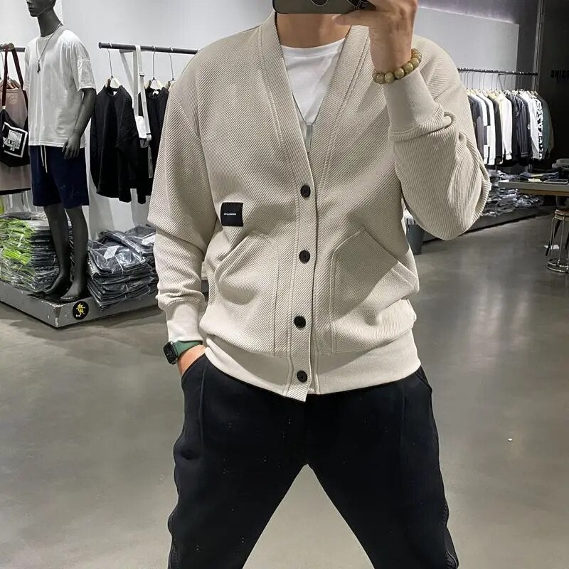 Y2k V-neck Button Sweatshirt Male Cardigan Niche Design 2023 Autumn New Trendy Harajuku Loose Solid Color Sweatshirts Coat