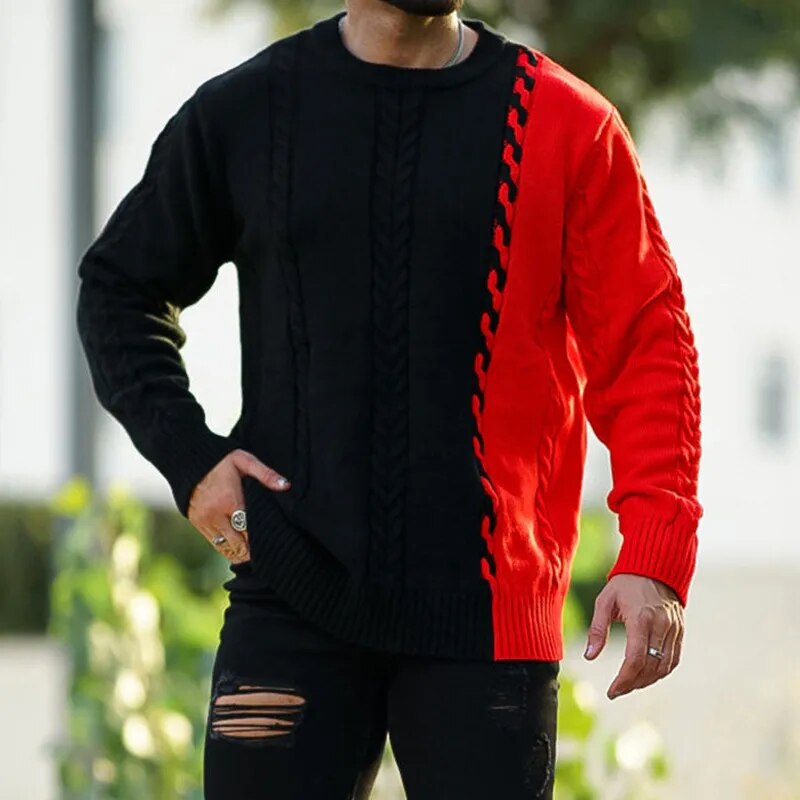 New Fashion Contrast Color Crochet Sweater Men Casual Patchwork Long Sleeve O Neck Knit Jumper Tops Mens Clothing Fall Sweaters