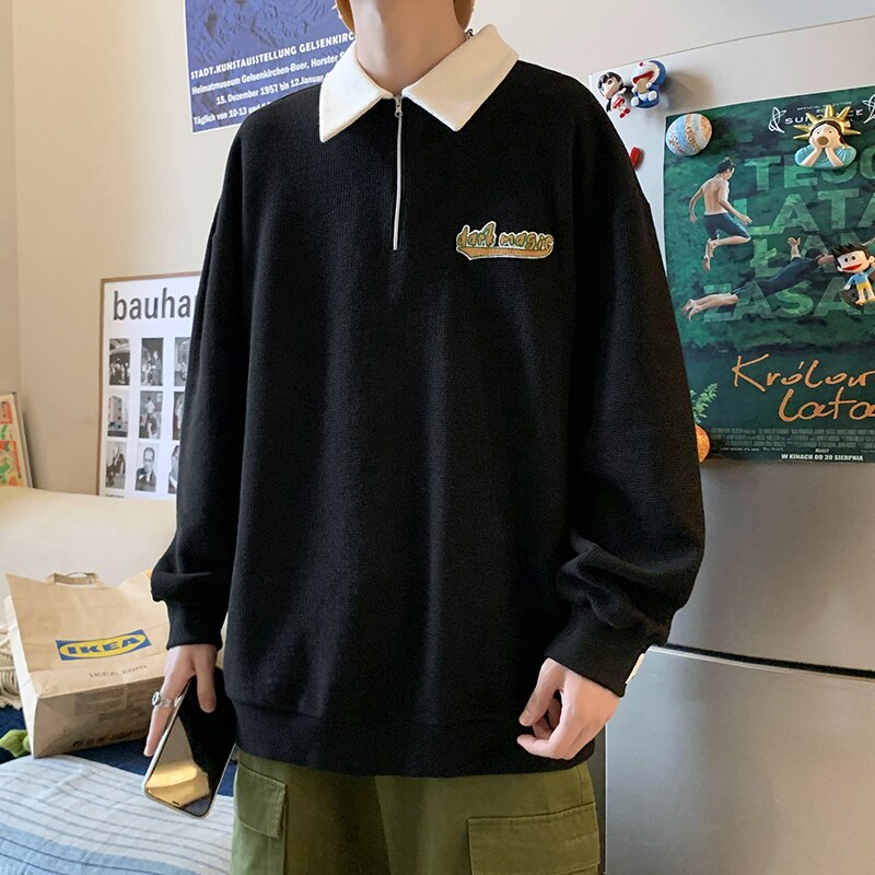 Korean wind Sweatshirt  Men Women Lapel Collar Hoodie Trendy Harajuku College Style Oversize Casual Sports Polo lapel sweater