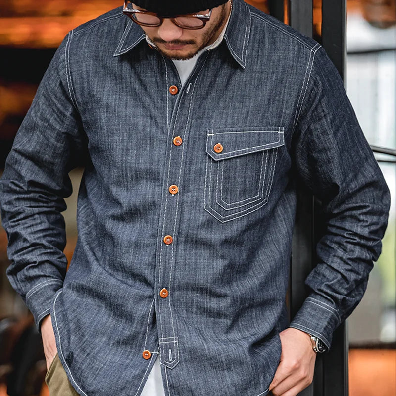 Maden Men's American Vintage Layup Long Sleeve Denim Shirt With Amekaji Shirt Underlay